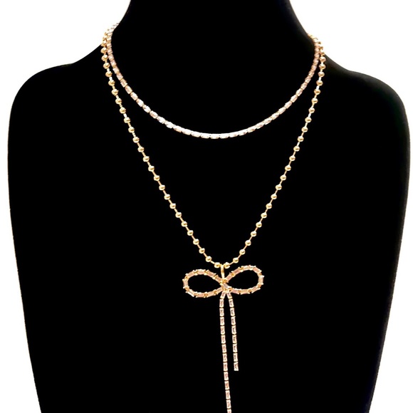EXPRESS Gold & Baguette Rhinestone/Crystal Bow Layered Necklace NWT - Picture 4 of 14